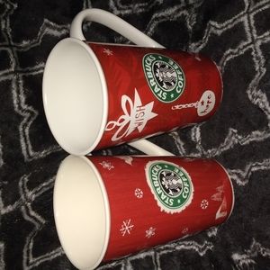 Starbucks two Red ceramic cup 2008 2009  Holidays 16 FL Oz New